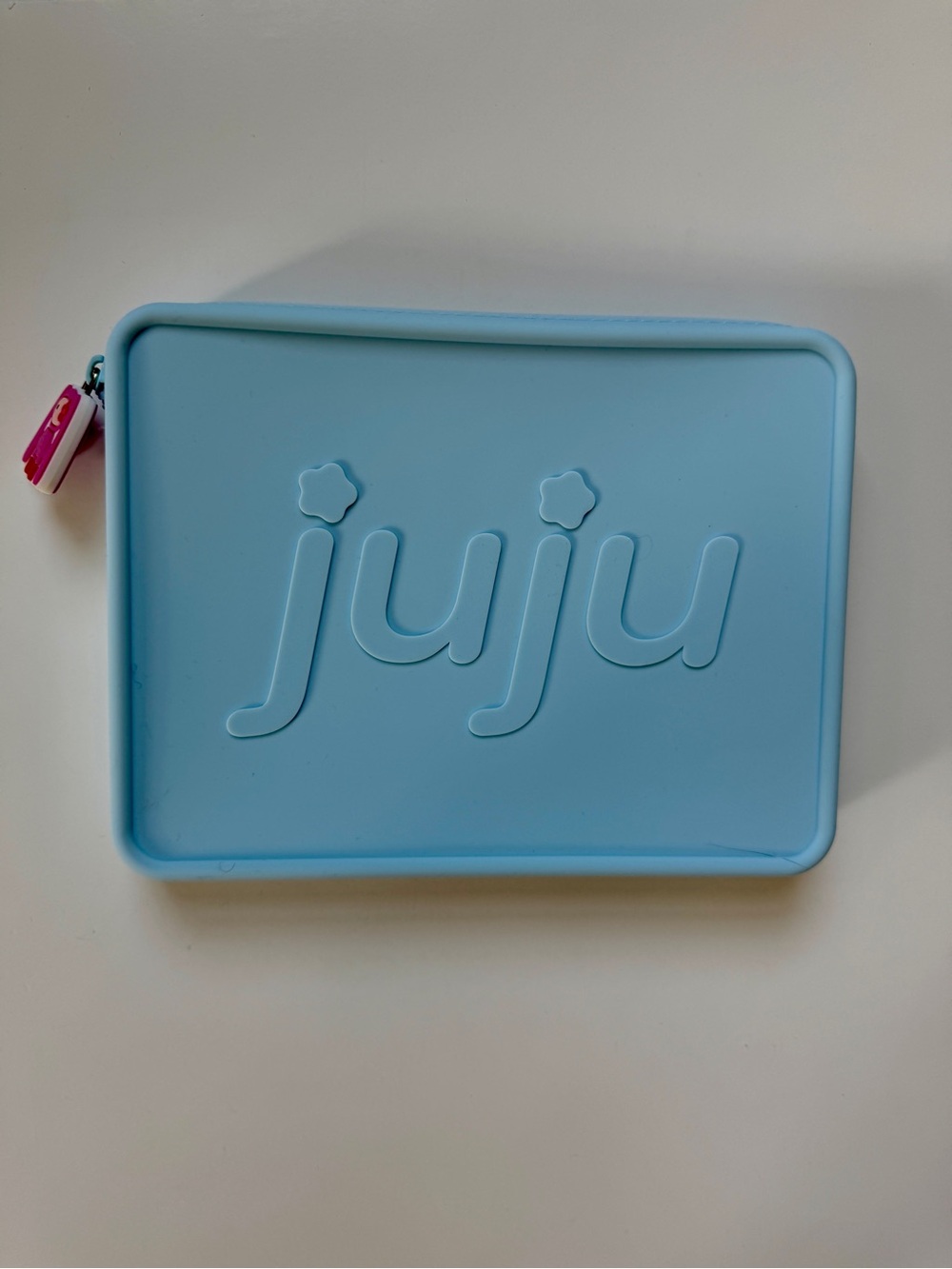 JuJu Blue Silicone Pouch / Sleeve with Embossed Logo and Pink JuJu Zipper Pull